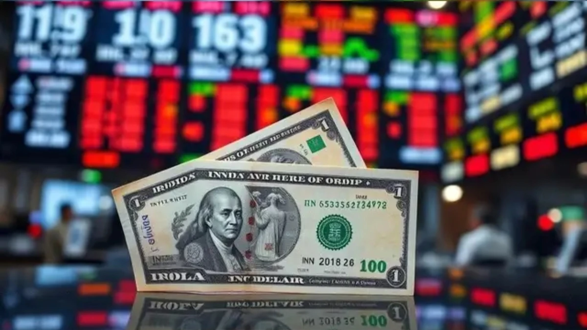 U.S. dollar notes in front of an electronic stock market board showing price movements, symbolizing currency and equity trends in global markets today.