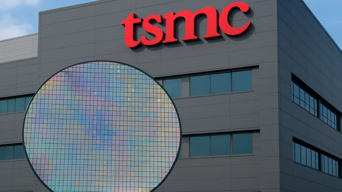Exterior view of TSMC headquarters in Taiwan, featuring the company’s logo and a semiconductor wafer reflecting light, symbolizing its leadership in AI chip manufacturing.