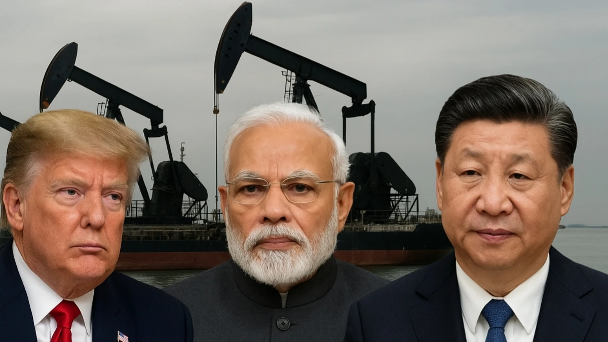 U.S. President Donald Trump, Indian Prime Minister Narendra Modi, and Chinese President Xi Jinping against a backdrop of oil pumpjacks, symbolizing global tension over Russian oil imports.
