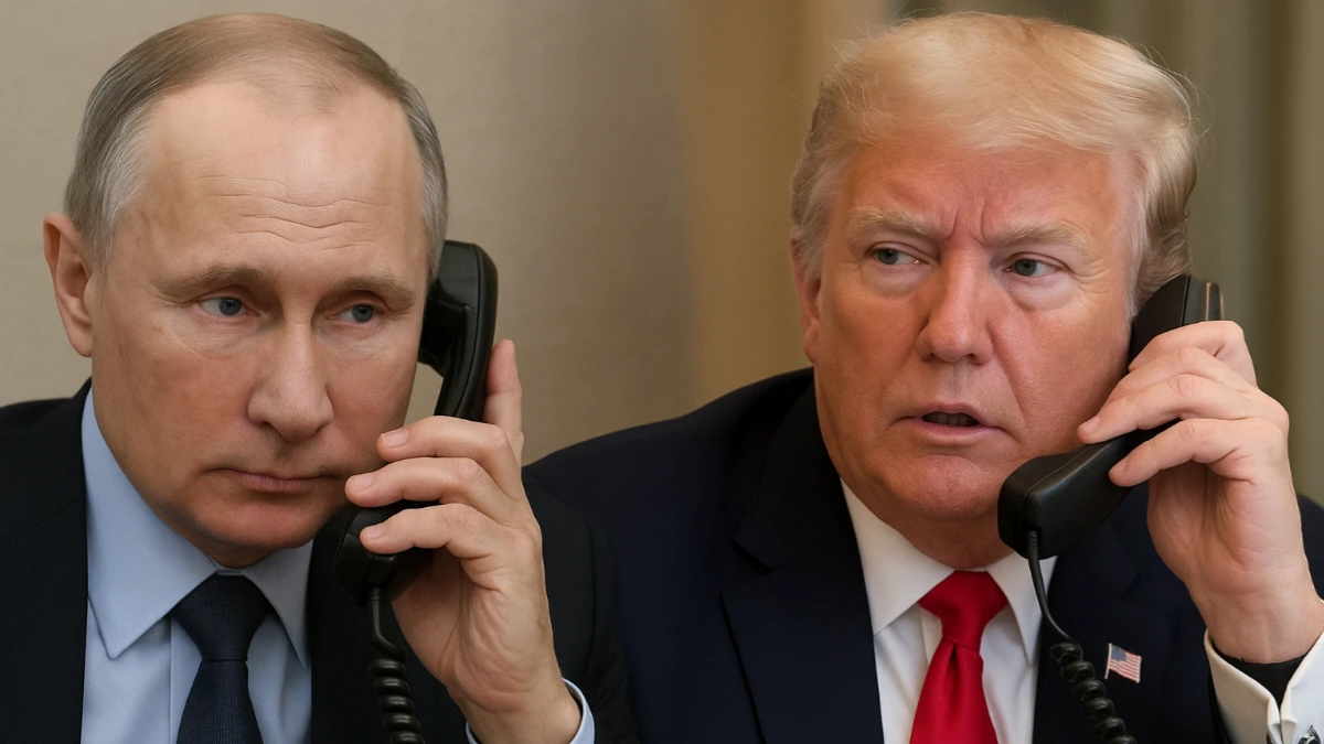 Russian President Vladimir Putin and former U.S. President Donald Trump on phone call discussing diplomatic issues amid Ukraine conflict.
