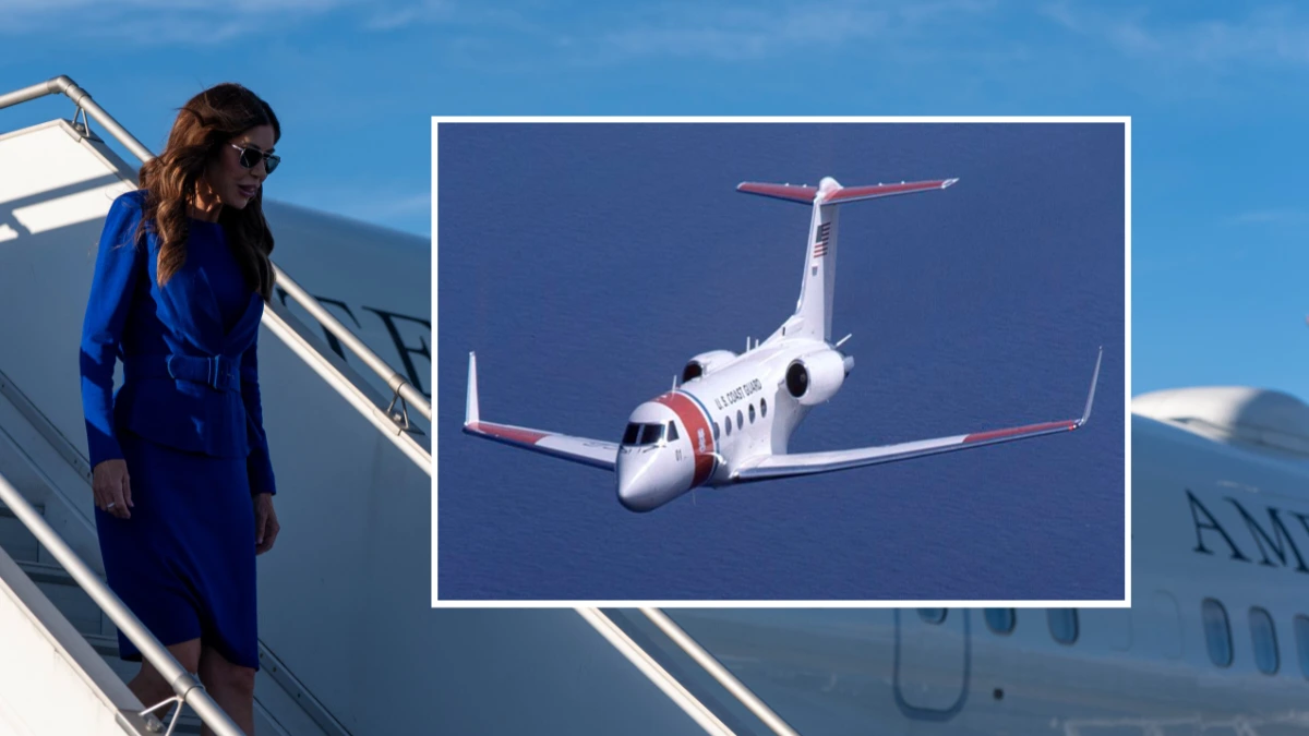 Kristi Noem steps off a government jet as the U.S. Coast Guard Gulfstream aircraft is shown in an inset, highlighting the Coast Guard private jets purchase controversy.