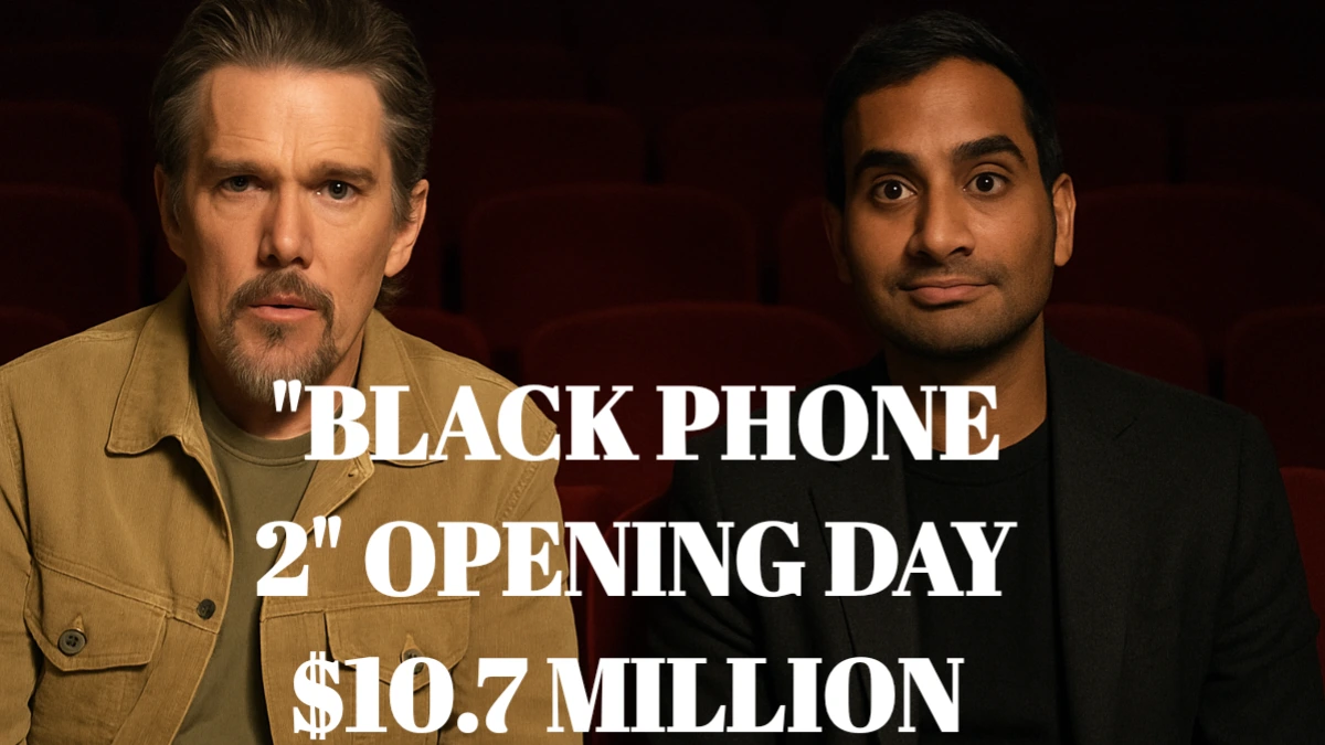 Ethan Hawke and Aziz Ansari sit in an empty movie theater representing the contrasting box office fortunes of “Black Phone 2” and “Good Fortune.”