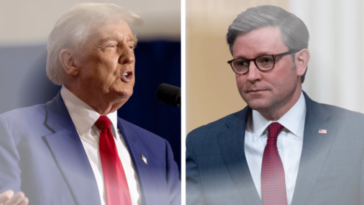 Former President Donald Trump and House Speaker Mike Johnson during statements amid controversy over Mike Johnson hate America rallies remark.