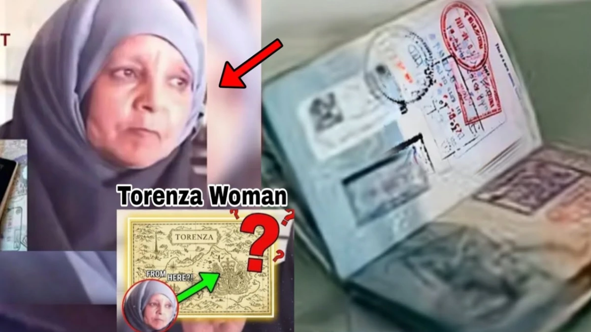 Woman wearing a grey hijab holding a Torenza passport, a fictional country, in a viral video hoax.