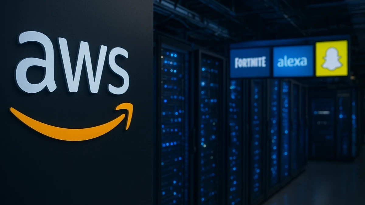 A realistic image showing an Amazon Web Services (AWS) data center with the AWS logo in the foreground and Fortnite, Alexa, and Snapchat logos displayed on screens, illustrating the major AWS outage affecting global services.
