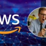 Office workers react in panic during an Amazon Web Services outage, symbolizing global disruption caused by the cloud failure.