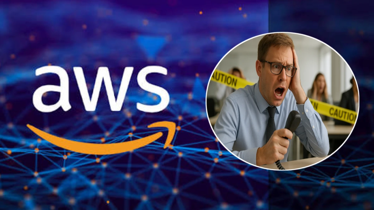 Office workers react in panic during an Amazon Web Services outage, symbolizing global disruption caused by the cloud failure.
