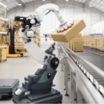 Amazon robots automate warehouse operations, lifting and sorting packages along a conveyor belt inside a modern fulfillment center.