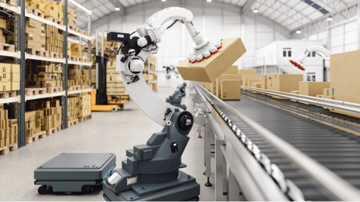 Amazon robots automate warehouse operations, lifting and sorting packages along a conveyor belt inside a modern fulfillment center.