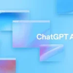 ChatGPT Atlas browser interface with multiple blue gradient windows representing AI-powered browsing.