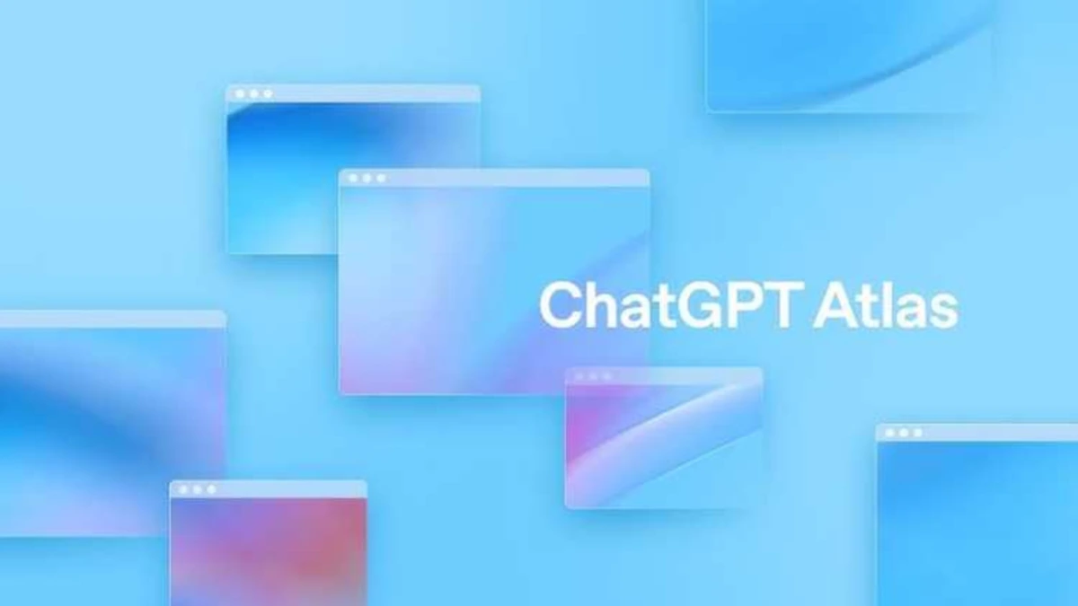 ChatGPT Atlas browser interface with multiple blue gradient windows representing AI-powered browsing.