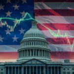 The U.S. Capitol building against the American flag background with fluctuating financial charts representing the rising US national debt crisis