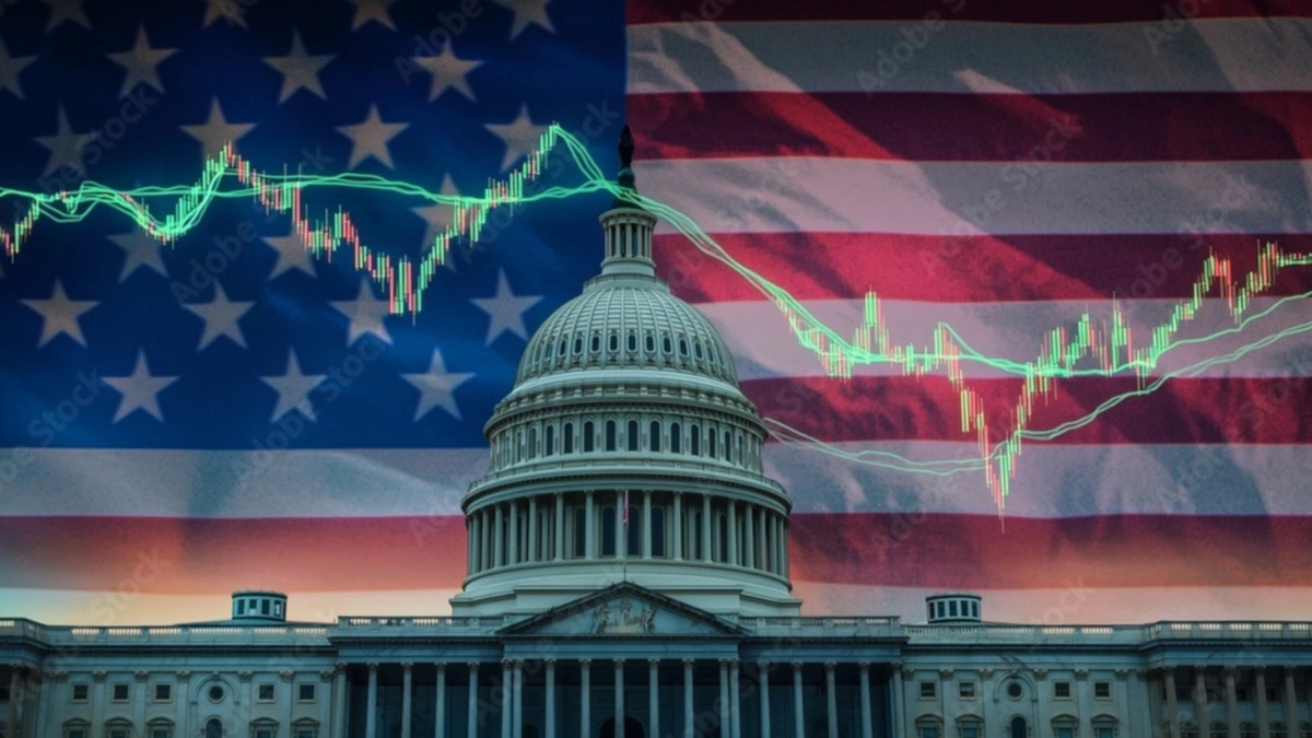 The U.S. Capitol building against the American flag background with fluctuating financial charts representing the rising US national debt crisis