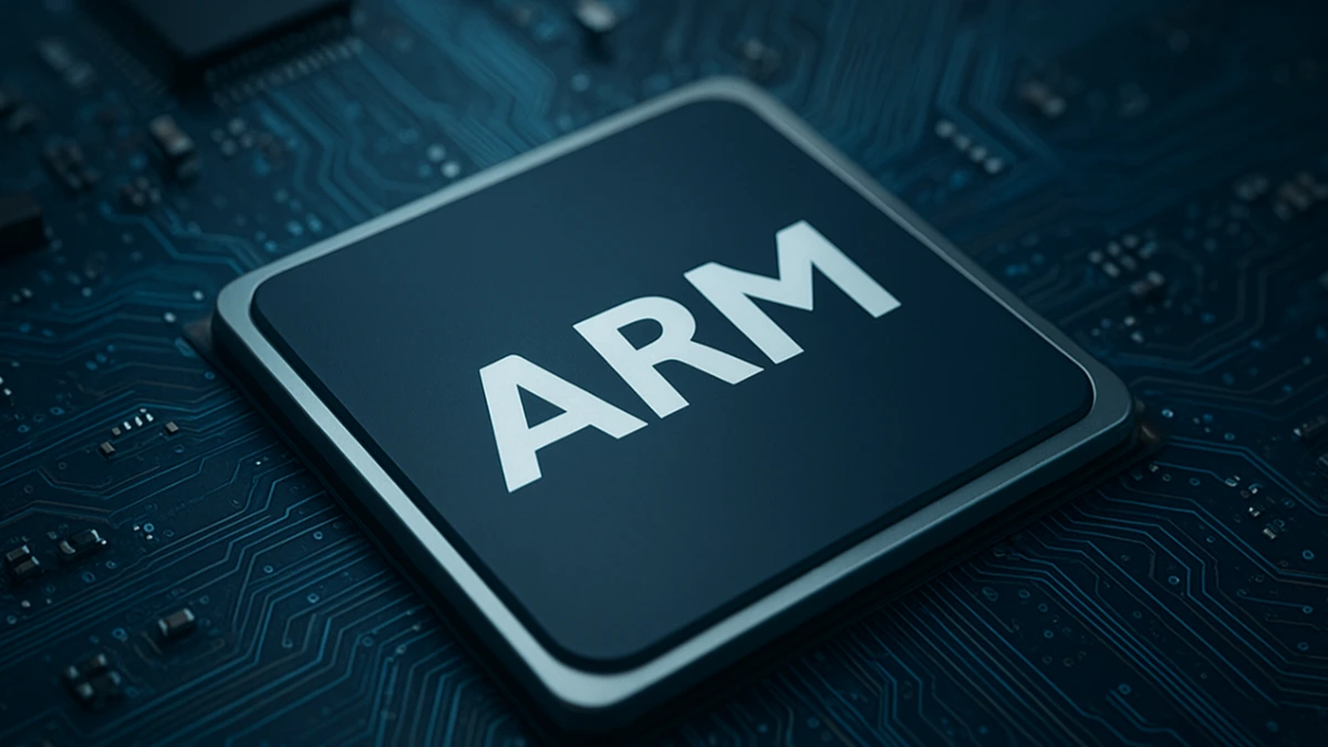 Close-up of an Arm Holdings microprocessor on a blue circuit board highlighting the company’s semiconductor design technology.