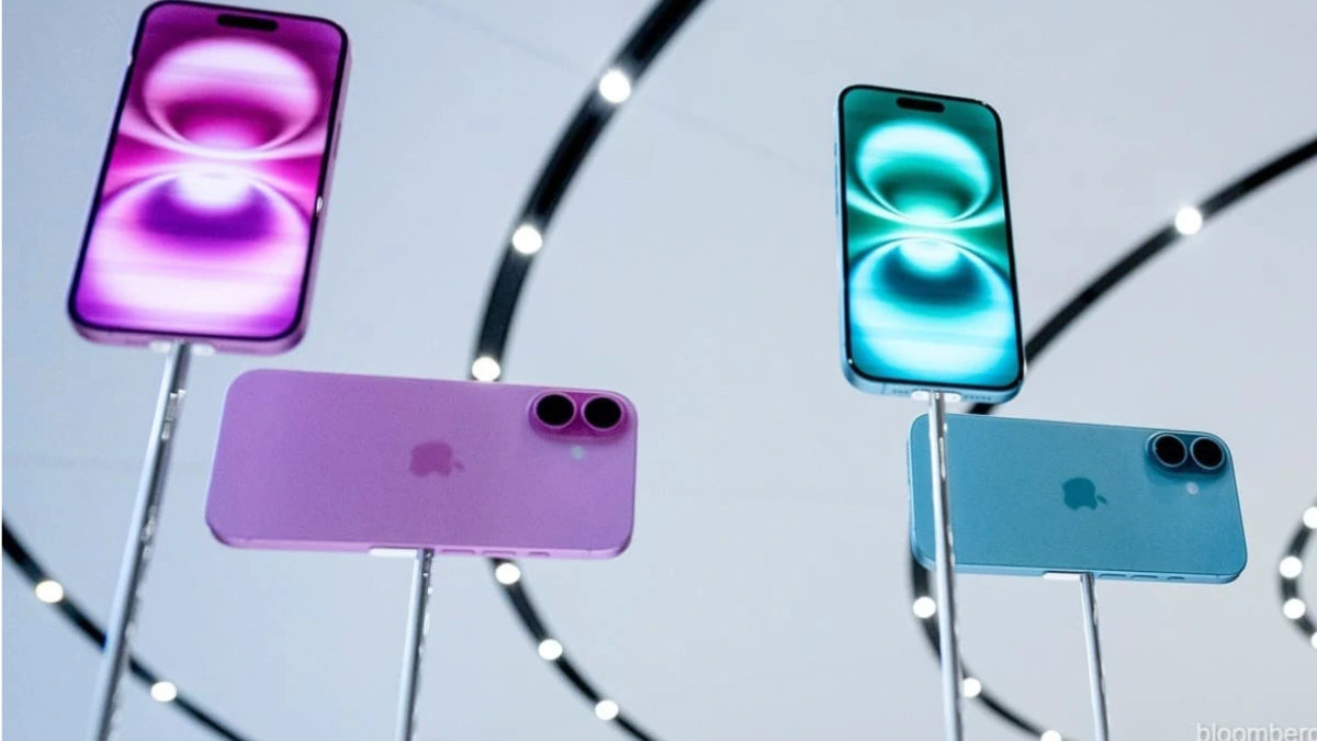 Apple iPhones displayed at a tech event as suppliers Skyworks and Qorvo merge to create a $22 billion US radio chip giant