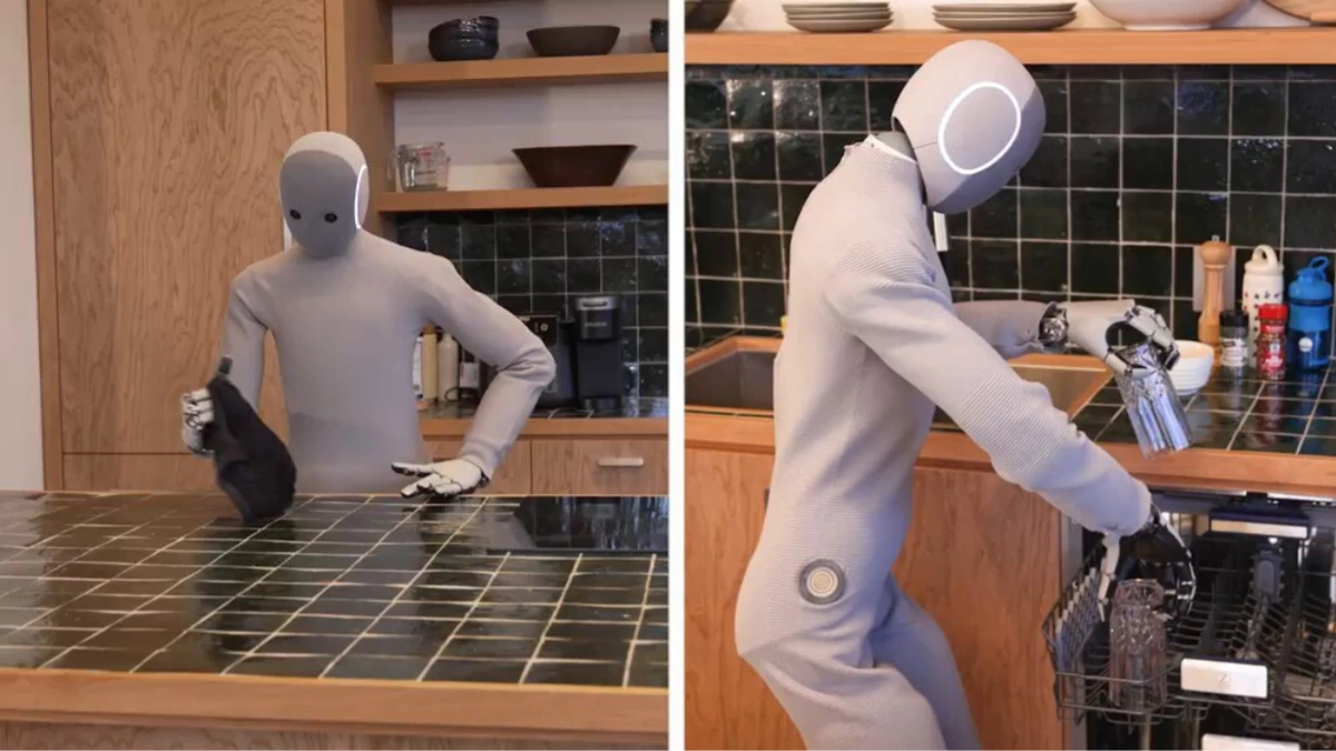 1X NEO humanoid robot cleaning a kitchen counter and loading dishes into a dishwasher, demonstrating home automation capabilities.