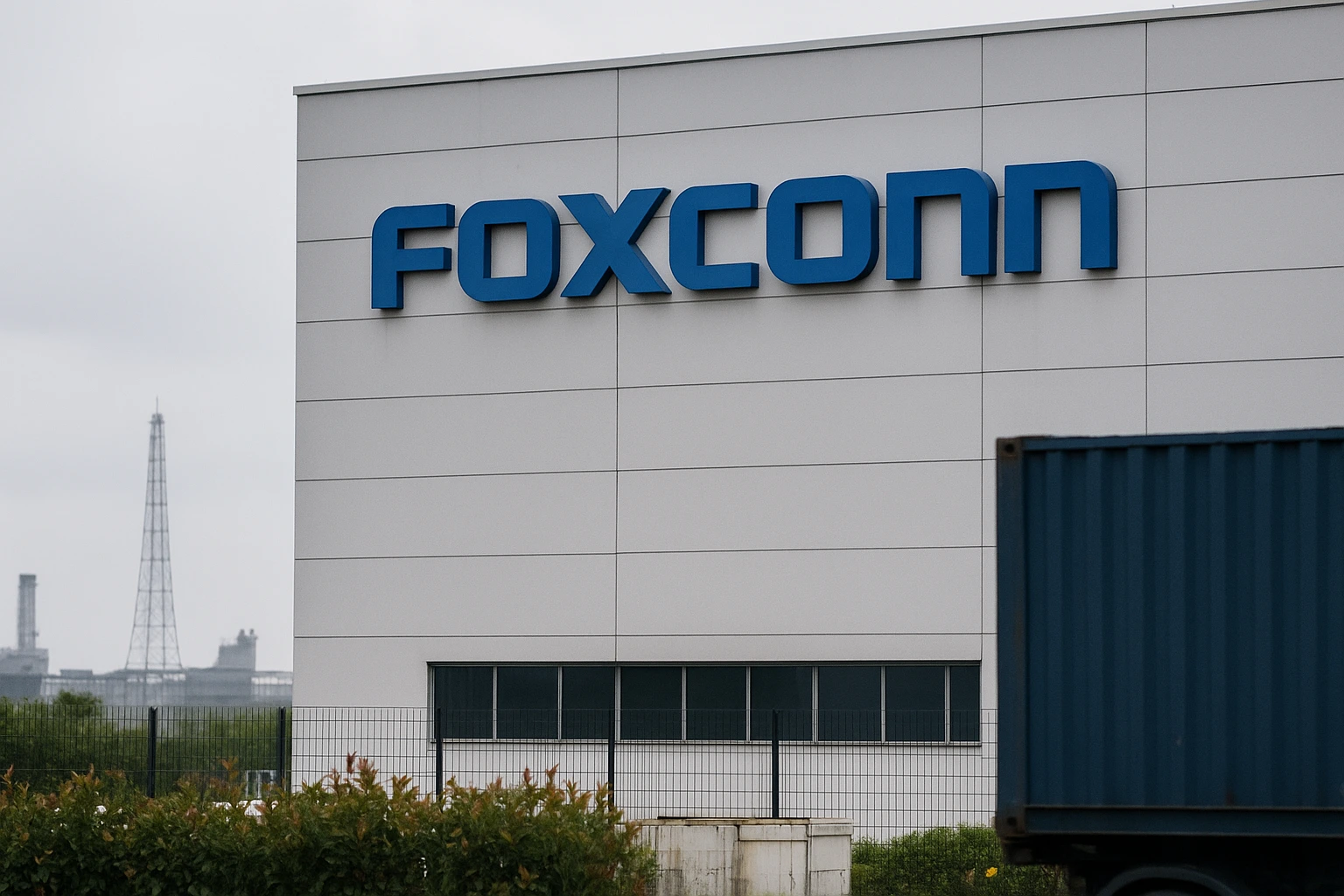 Foxconn facility exterior in Taipei, highlighting the company’s logo amid China’s rare earth export curbs.