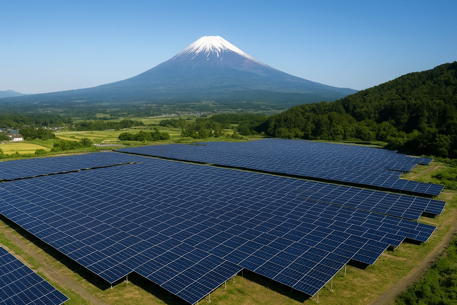 Aerial view of a large solar farm in Japan with Mount Fuji in the background, symbolizing the Microsoft solar deal Japan and the country’s clean energy transition.