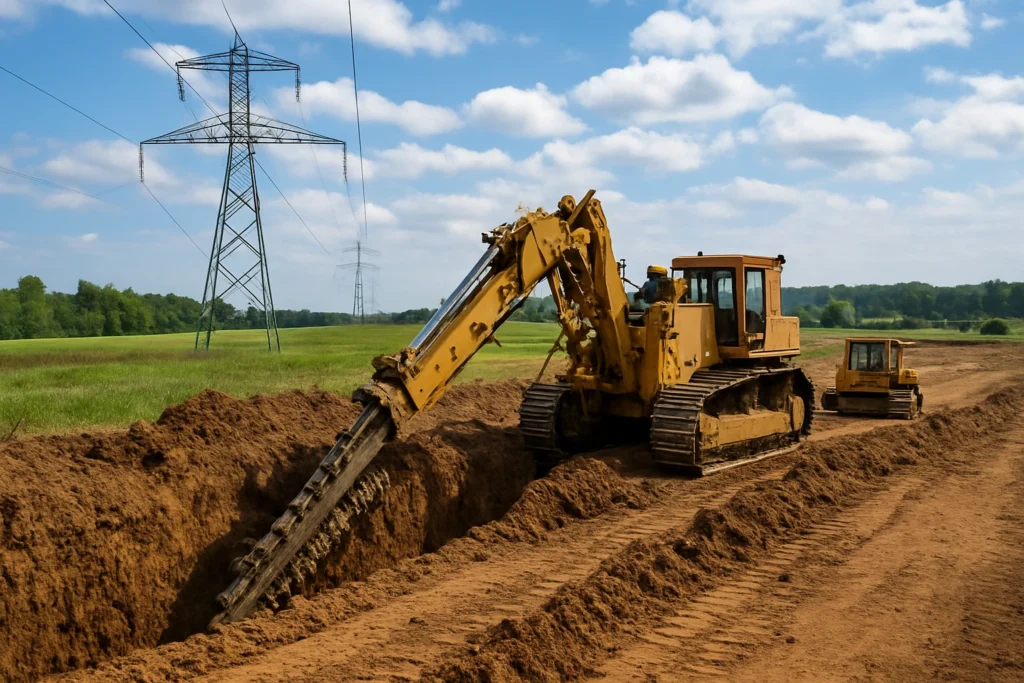 Excavation machinery working on underground power line installation near high-voltage towers for Micron semiconductor plant in New York.