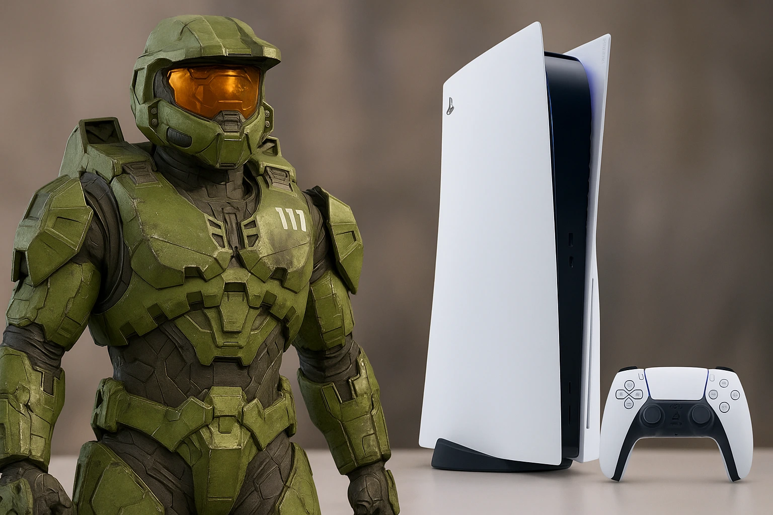 Master Chief from Halo standing beside a PlayStation 5 console and DualSense controller, representing Halo’s debut on PlayStation.
