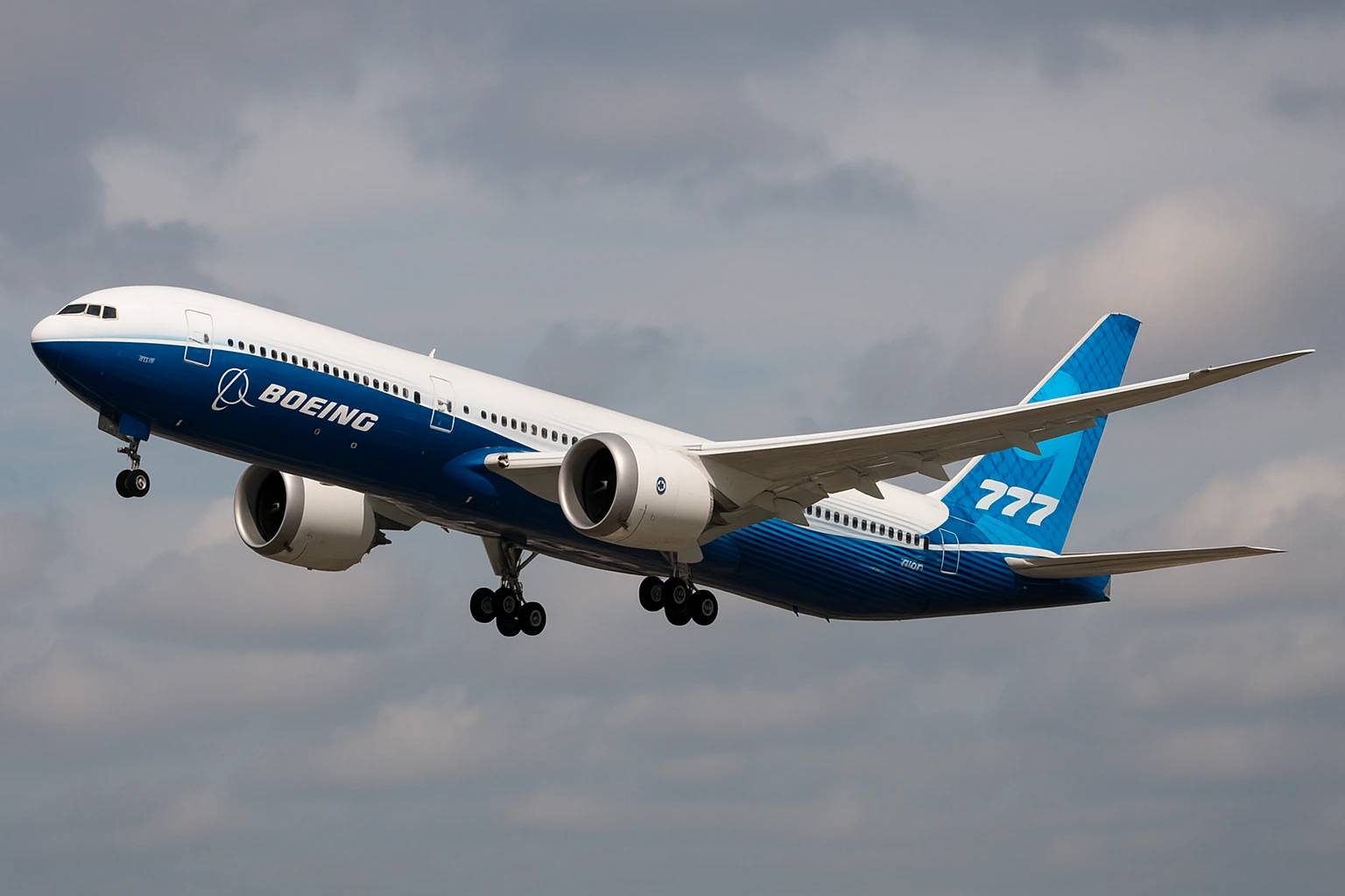 Boeing 777X aircraft taking off under cloudy skies, showcasing the jet’s blue and white livery and advanced widebody design.