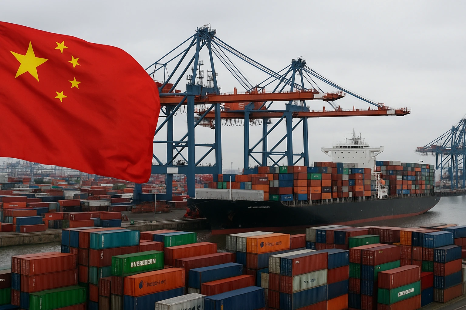 A large cargo ship docked at a German port with cranes and shipping containers, featuring a Chinese flag in the foreground symbolizing the shift in China Germany trade.