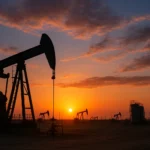 Oil pumps operating at sunset in a vast field, symbolizing global energy markets impacted by Russia oil sanctions.