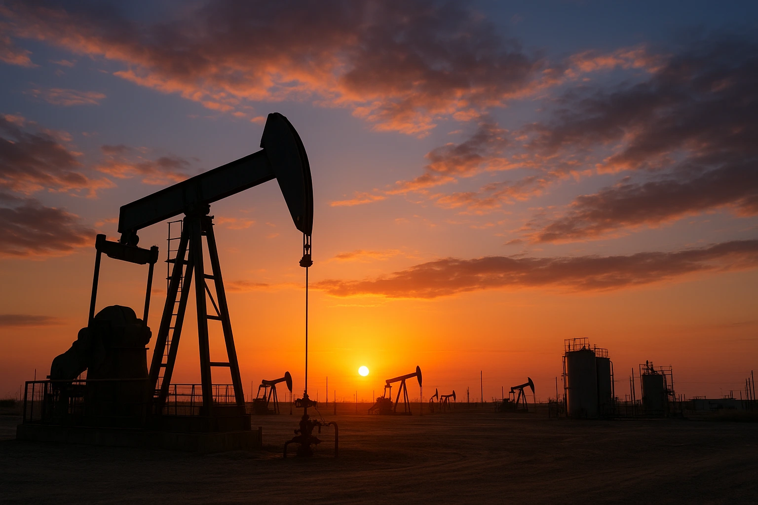 Oil pumps operating at sunset in a vast field, symbolizing global energy markets impacted by Russia oil sanctions.