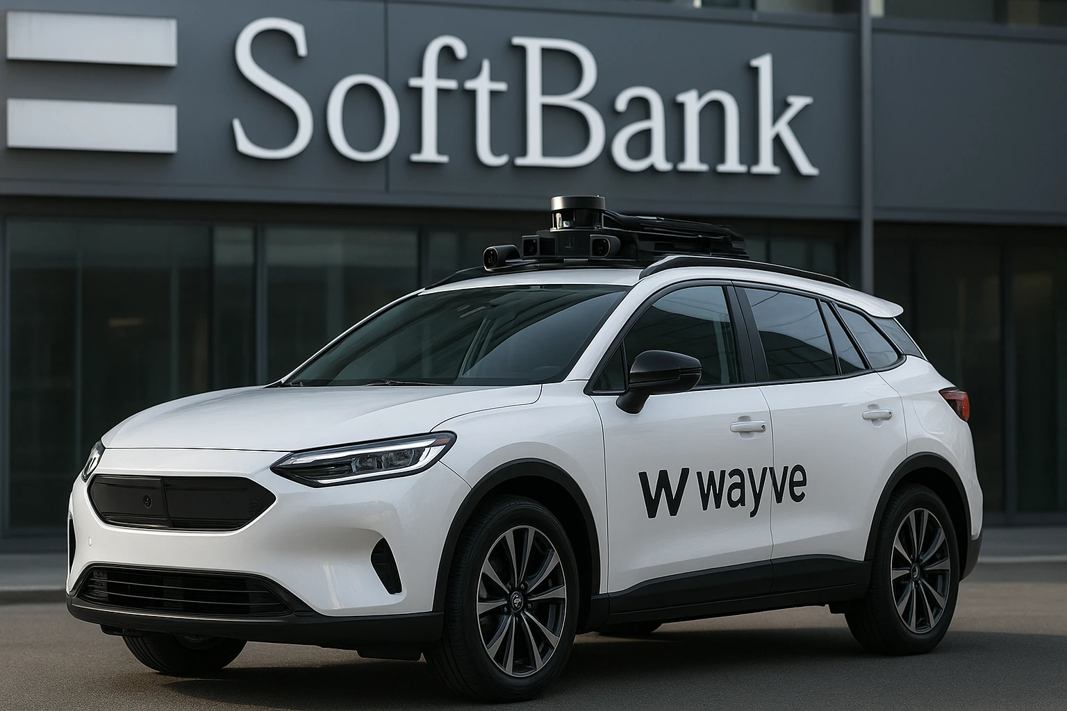 Wayve self-driving car parked outside the SoftBank headquarters, representing Microsoft and SoftBank investment in Wayve, a leading UK autonomous driving startup.
