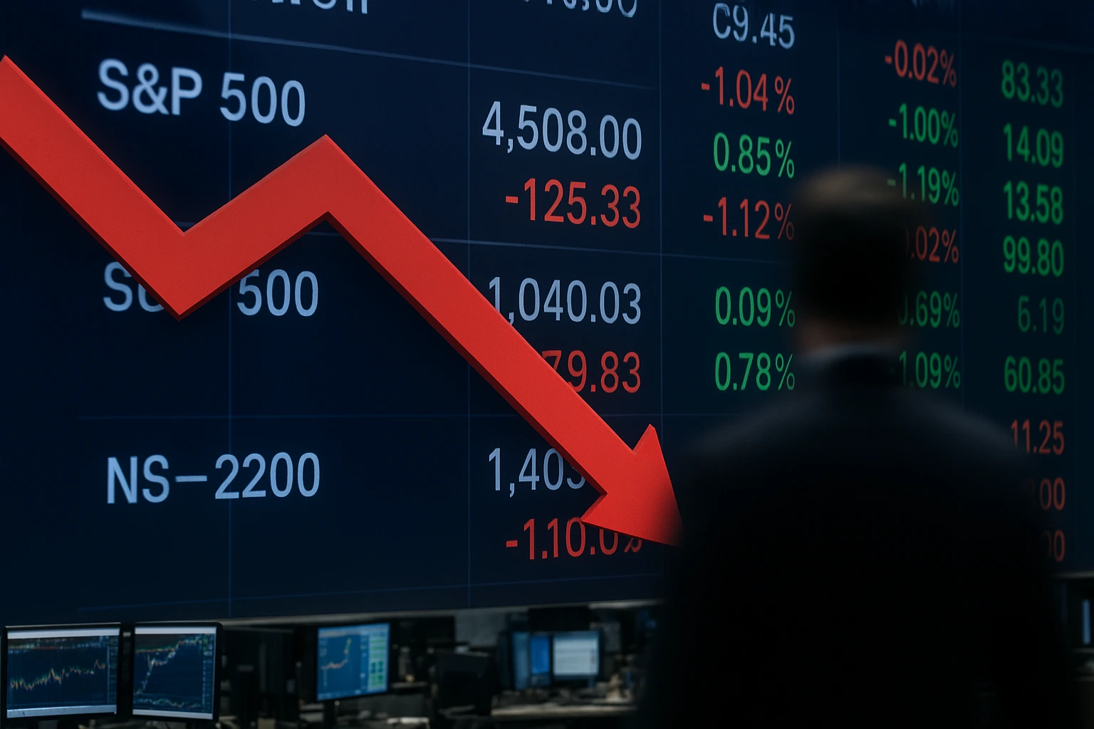 Stock market crash after Trump trade tariffs announcement shows red downward arrow on financial display board.