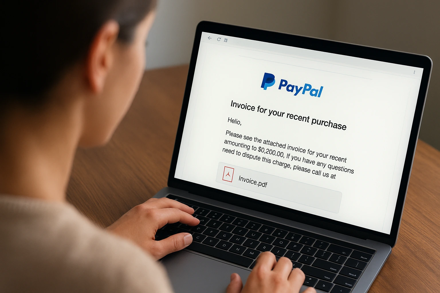 A woman viewing a suspicious PayPal invoice email on her laptop, highlighting the latest PayPal scam alert targeting users through fake invoices.