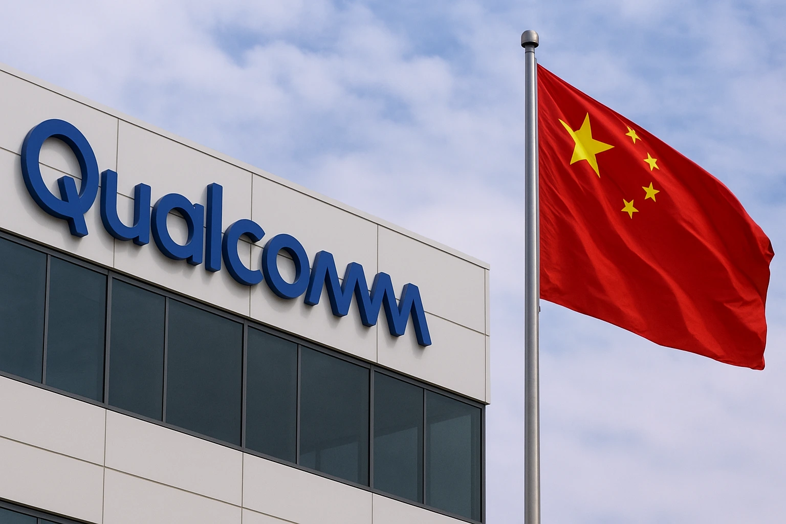 Qualcomm headquarters building with the Chinese national flag waving outside, symbolizing the Qualcomm China antitrust investigation.