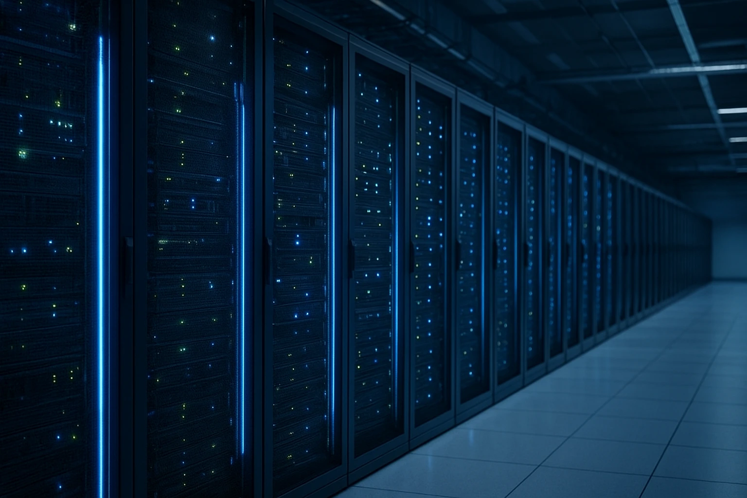 A modern AI data center featuring rows of illuminated server racks and advanced cooling systems inside a secure technology facility.