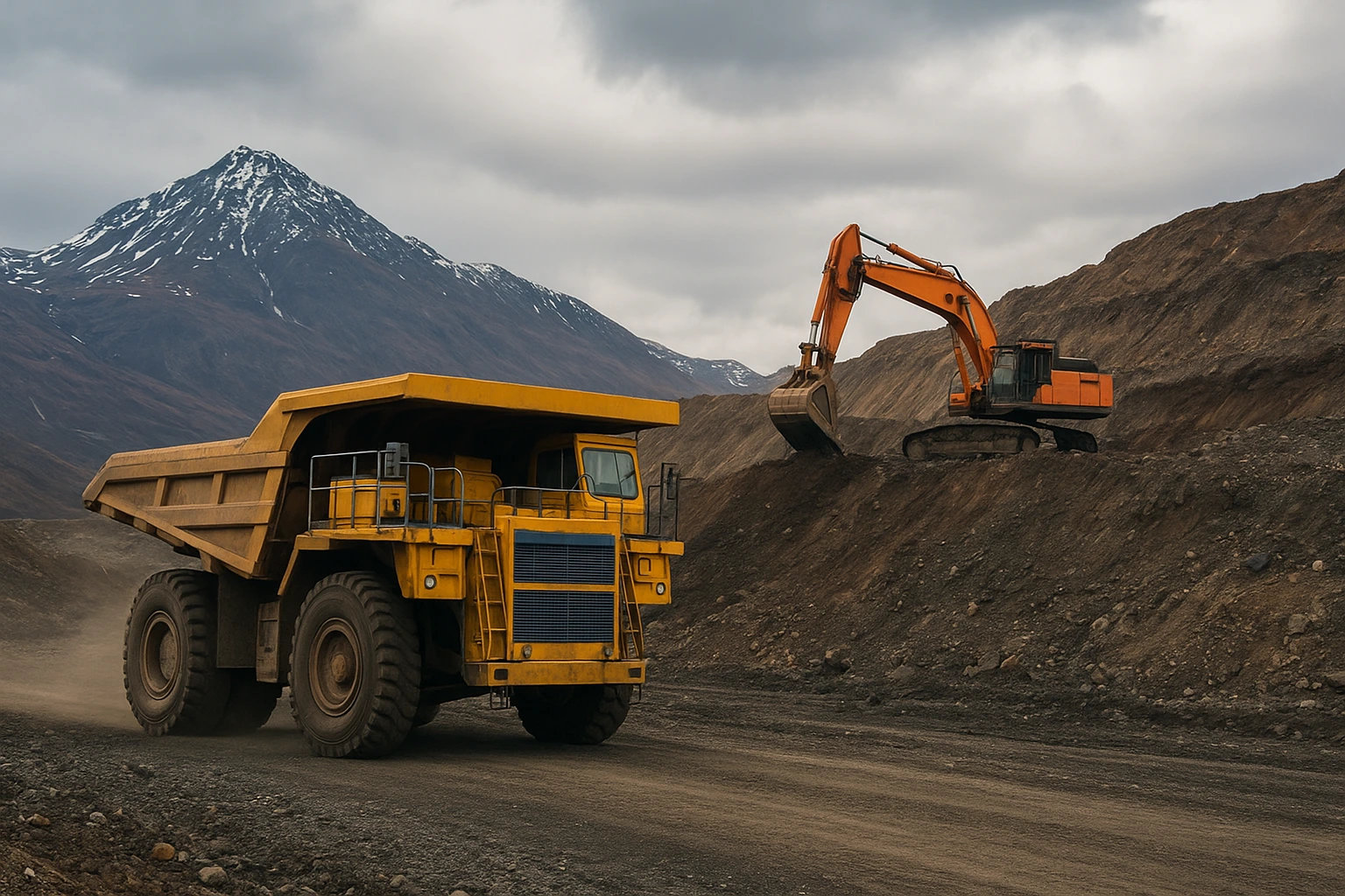 Mining trucks and excavators operating in Alaska’s Ambler district, symbolizing Trilogy Metals’ critical minerals project after U.S. investment.