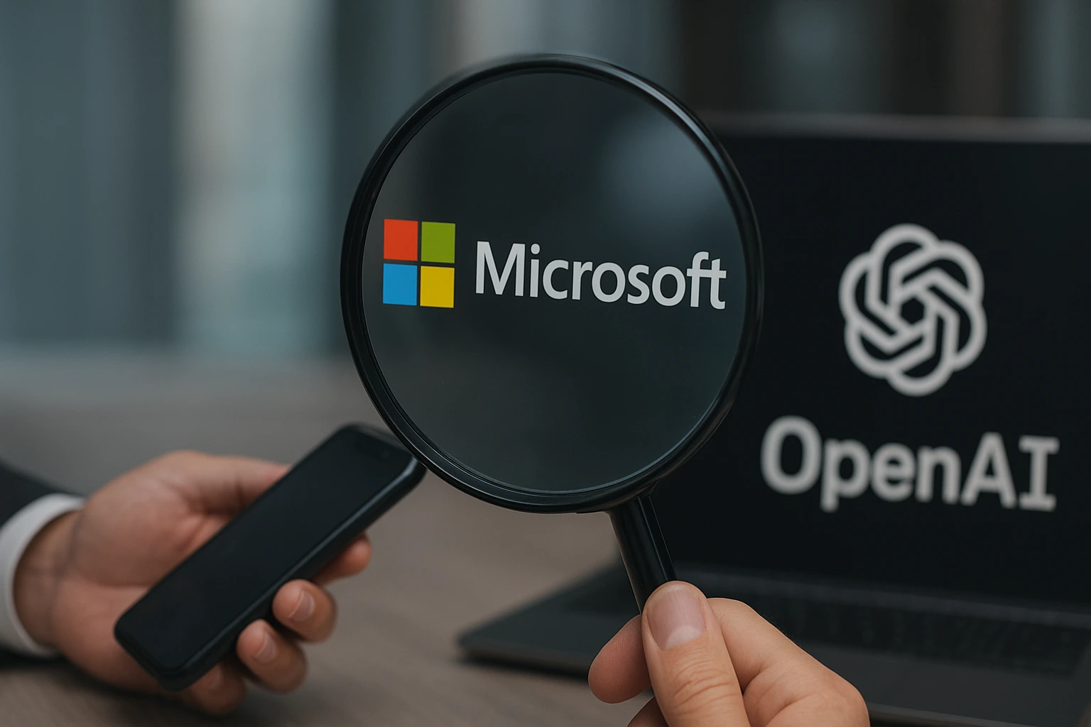 Close-up image showing Microsoft and OpenAI logos side by side, symbolizing Microsoft’s 27% OpenAI stake and strategic AI partnership.