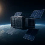 A futuristic view of space based data centers orbiting Earth, powered by large solar panels collecting continuous solar energy in orbit.