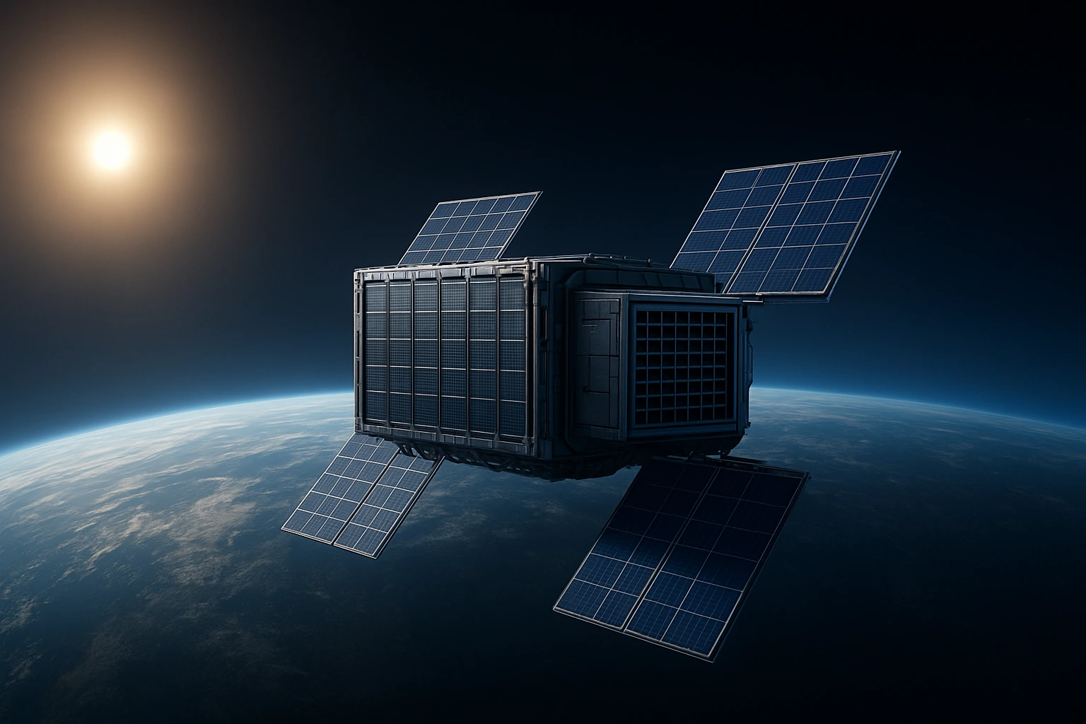 A futuristic view of space based data centers orbiting Earth, powered by large solar panels collecting continuous solar energy in orbit.