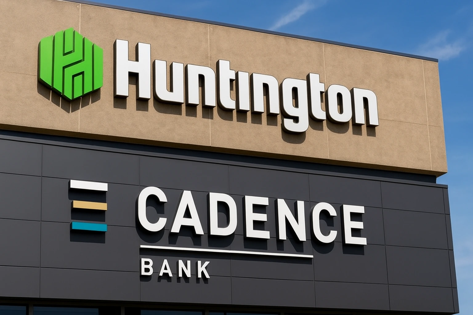 Exterior view of Huntington Bancshares and Cadence Bank headquarters, symbolizing the $7.4 billion Huntington Bancshares Cadence Bank deal in 2025