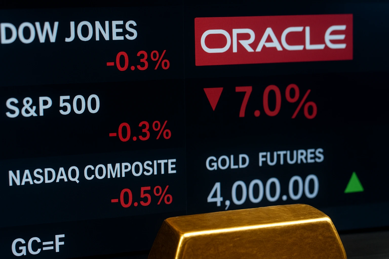 Stock market today shows Dow, S&P 500, and Nasdaq declining as Oracle stock drops and gold futures hit $4,000