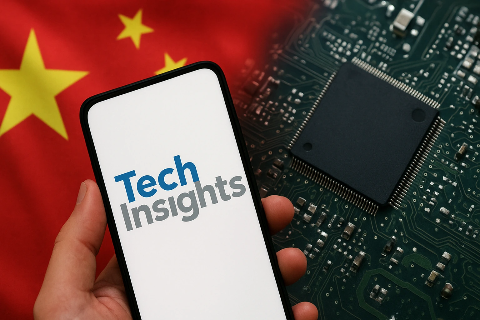 A person holds a smartphone displaying the TechInsights logo against a backdrop featuring the Chinese flag and a semiconductor chip, symbolizing China blacklisting TechInsights over Huawei chip reports.