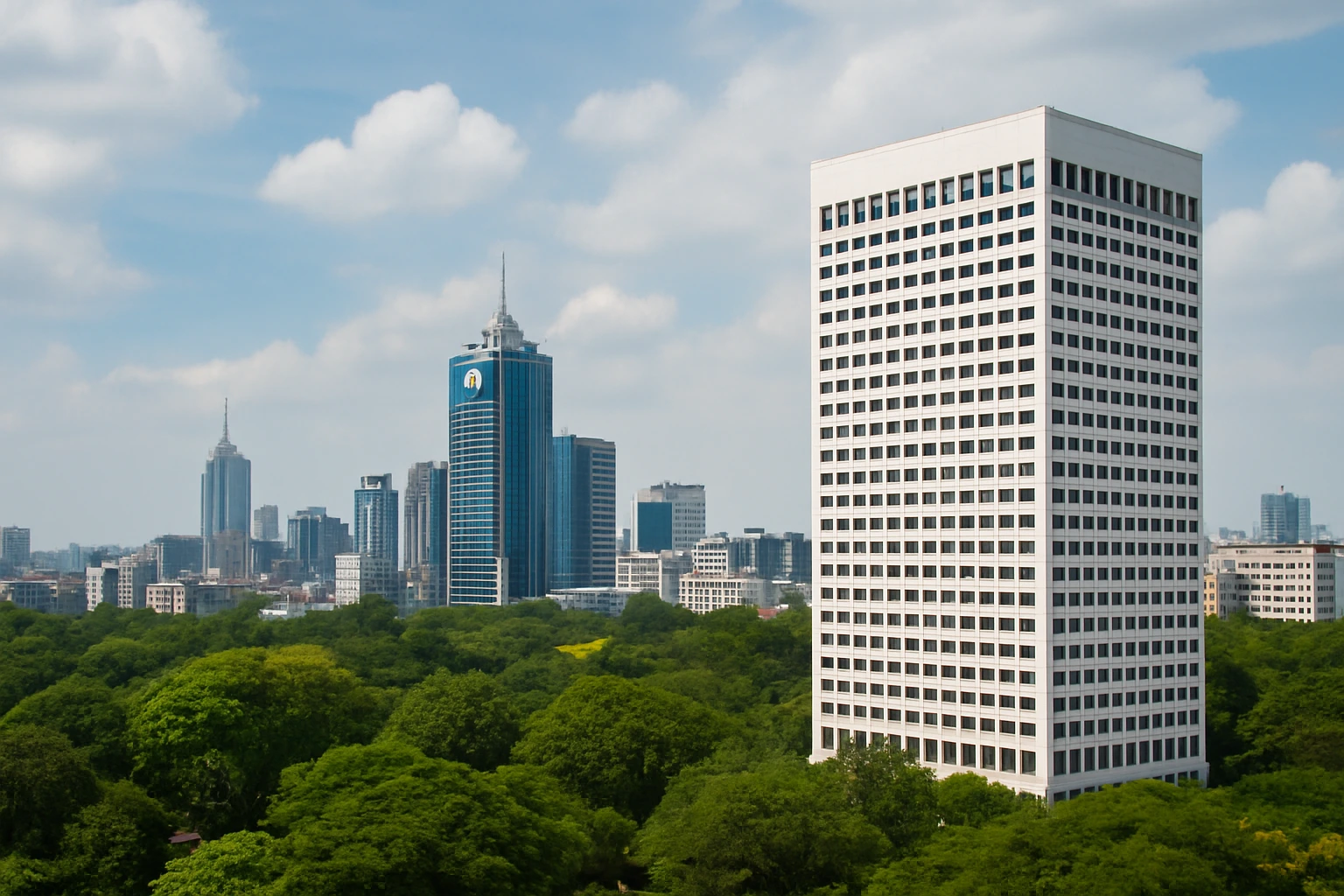Aerial view of Bengaluru city skyline featuring modern office towers surrounded by greenery, symbolizing Anthropic’s India office expansion and partnership plans with Reliance Industries.
