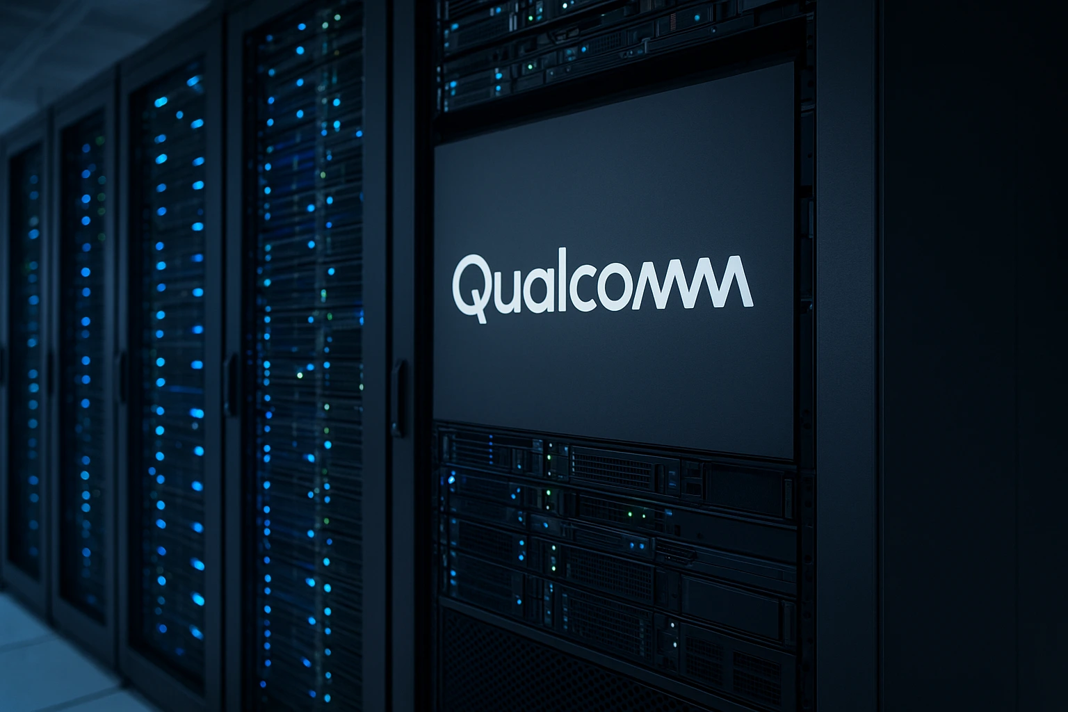 Qualcomm AI chips powering next-generation data centers with advanced server racks and AI infrastructure.