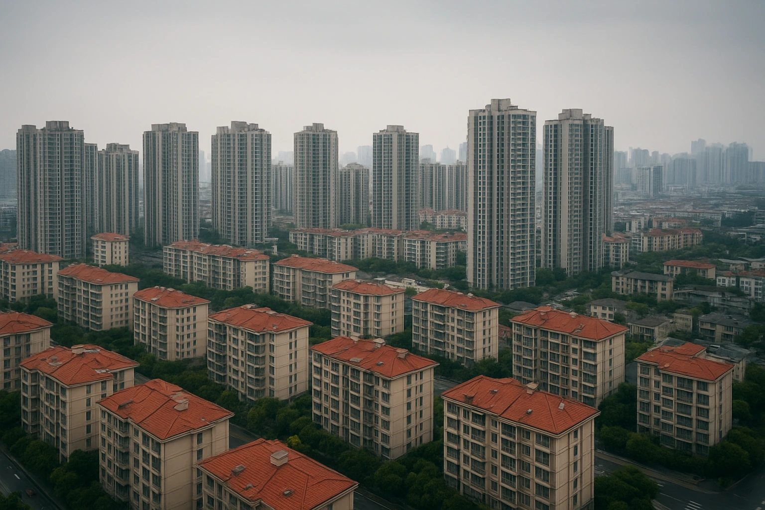 Aerial view of residential apartment buildings in a major Chinese city showing dense high-rises and housing blocks, symbolizing China’s new home prices decline amid the property market slump.