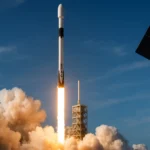 SpaceX Falcon 9 rocket launches Starlink internet satellite into low Earth orbit under clear skies, marking the 10,000th Starlink satellite milestone.