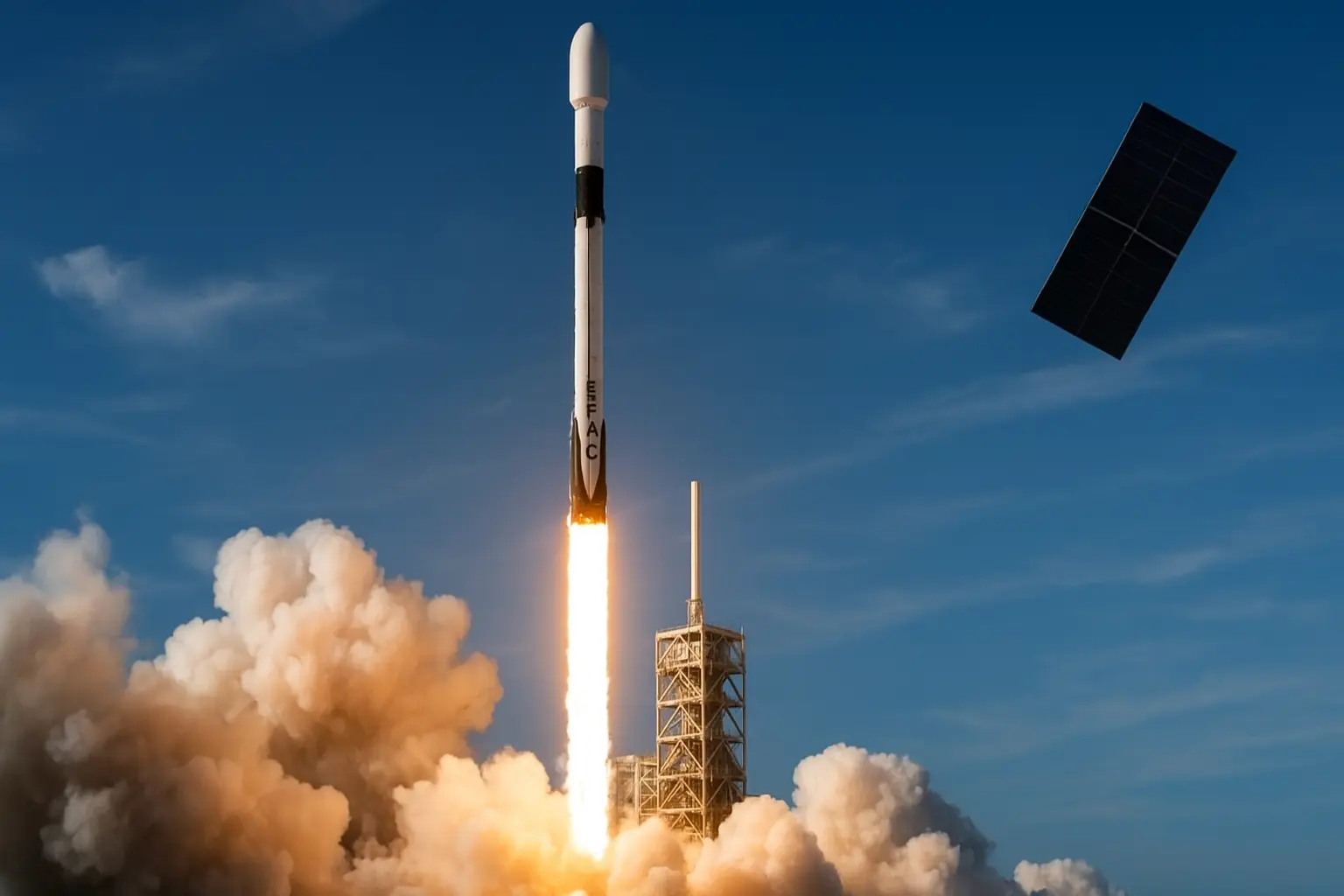 SpaceX Falcon 9 rocket launches Starlink internet satellite into low Earth orbit under clear skies, marking the 10,000th Starlink satellite milestone.