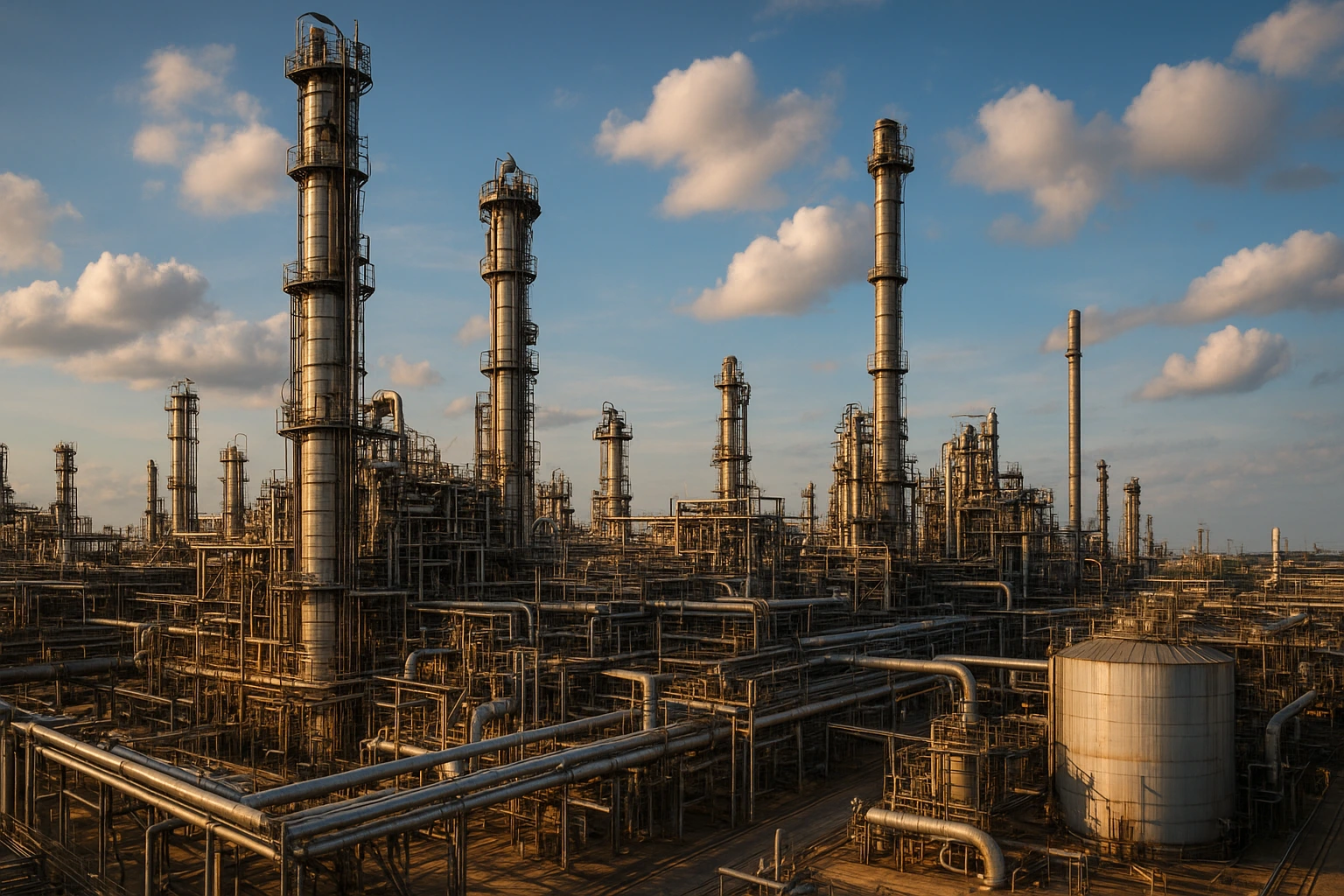 A panoramic view of the expansive Nigeria refinery complex under a golden sunset, showcasing tall distillation towers, pipelines, and storage tanks in Lagos.