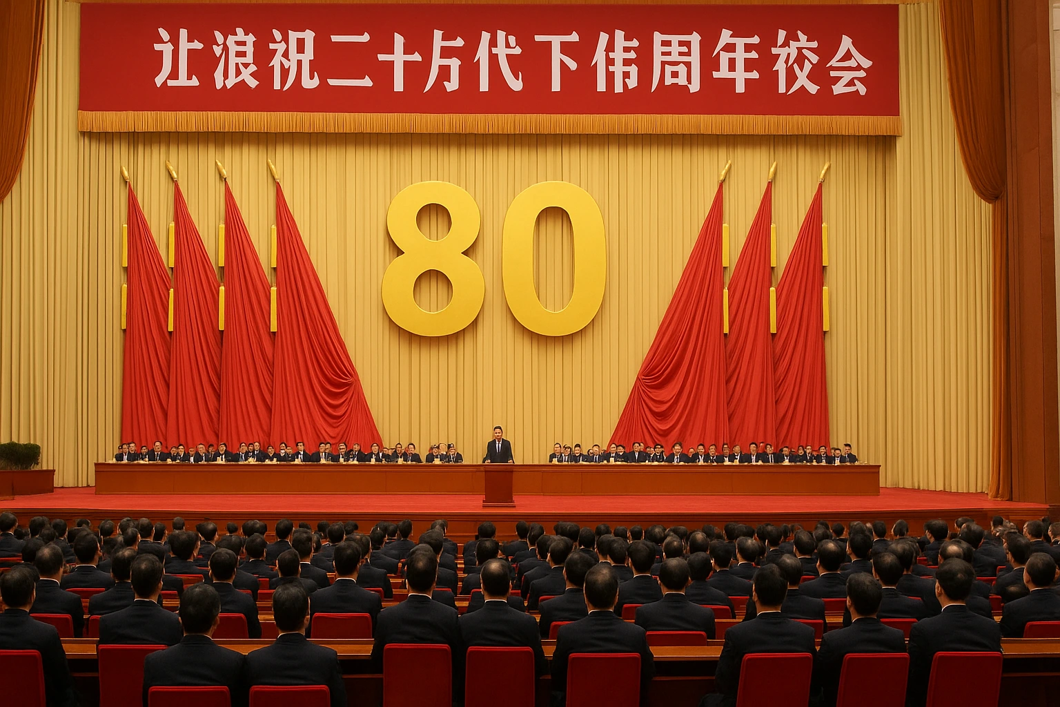 Chinese officials attend a ceremony at Beijing’s Great Hall of the People marking the 80th anniversary of Taiwan retrocession, featuring red flags and a golden “80” backdrop.