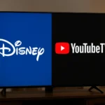 A realistic television screen displaying Disney and YouTube TV logos side by side in a modern living room, representing the ongoing Disney YouTube TV dispute over network carriage rights.