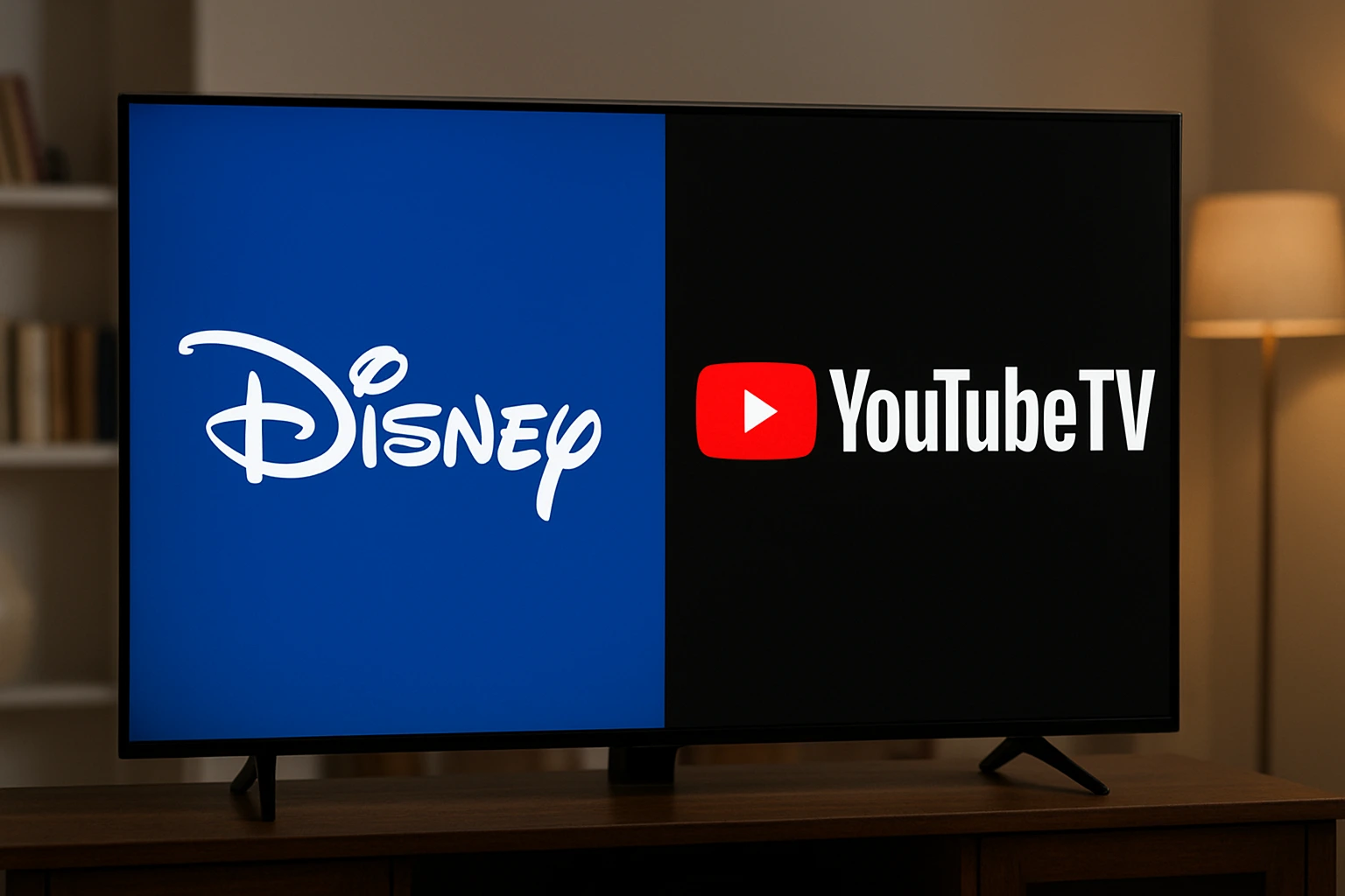 A realistic television screen displaying Disney and YouTube TV logos side by side in a modern living room, representing the ongoing Disney YouTube TV dispute over network carriage rights.