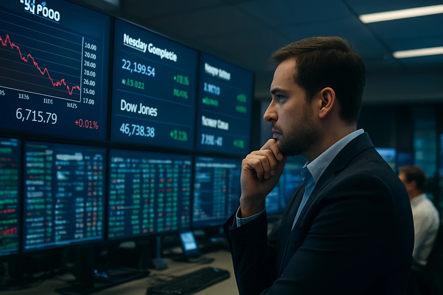A professional trader analyzing real-time stock data on multiple monitors displaying S&P 500, Nasdaq, and Dow Jones figures in a modern trading room.